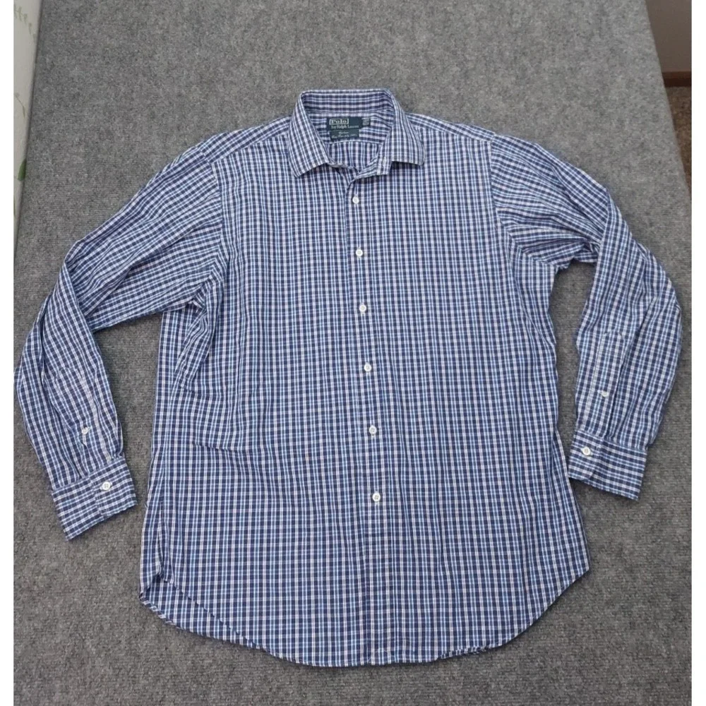 Vt POLO‎ RALPH LAUREN Shirt Mens 16.5-35 Blue Plaid Curham 2 Ply 100s Hong Kong